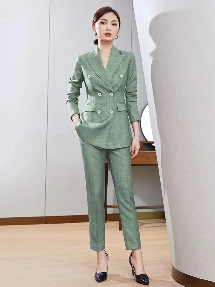 高端女职业装休闲洋气英伦风格绿色格子时尚套装